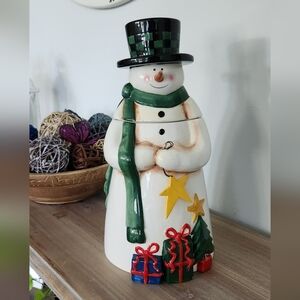 ⛄ Vintage JCPenney Christmas Snowman Cookie Jar, 15” Tall with Green Scarf & hat